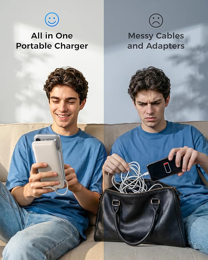 VEGER Portable Charger with Built-in AC Plug and Cables, All in One 10000mAh Ultra Slim Power Bank Emergency Fast Charging for Travel Battery Pack Compatible with iPhone, Samsung, Android, Coffee