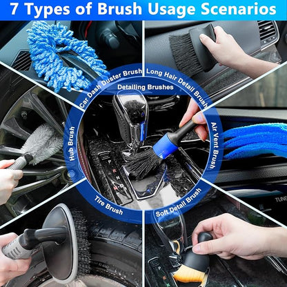 THINKWORK Car Wash Kit, Car Detailing Kit with Foam Gun, Car Wash Brush Mop and Large Folding Bucket Suitable for Car Cleaning, Blue Car Wash Set Gift for Men and Women