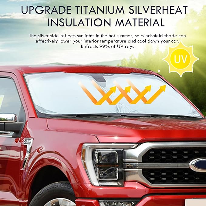 Windshield Sun Shade for Cadillac SRX 2010-2025 & Lincoln MKC 2015-2019 / MKX 2007-2018, Front Windshield Sunshade with Full Coverage Reflective Polyester Material Blocks Heat & Sunlight