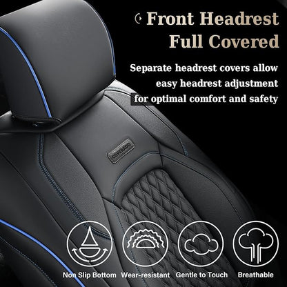Coverado Full Set Leather Car Seat Covers for F150,Waterproof Automotive Seat Covers for Cars,SUVs,Pickup Trucks,Compatible with 2015-2026 F150 SuperCrew,2017-2026 F250 F350 F450 Crew Cab, Blue Line