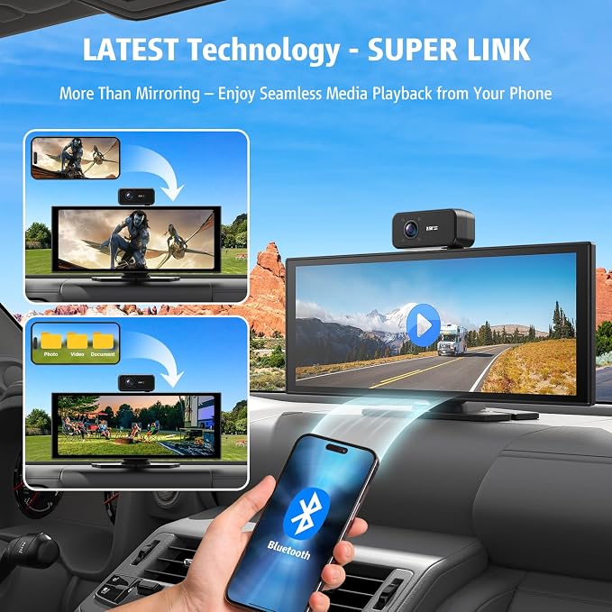 Portable Wireless CarPlay Screen, 10.26" Fully Laminated IPS Touch Screen Car Stereo with Wireless CarPlay & Android Auto, 4K Front 2.5K Rear Dash Cam,1080P Backup Camera,Super Link,Plug & Play