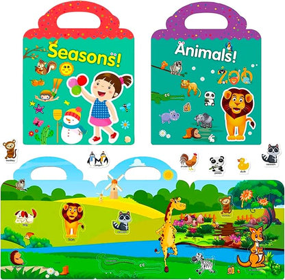Reusable Sticker Book for Kids, 3 Sets Educational Learning Toys Travel Stickers Activity Books for Toddler Girls Boys Age 3+ Birthday Gifts - Farm, Season & Animals