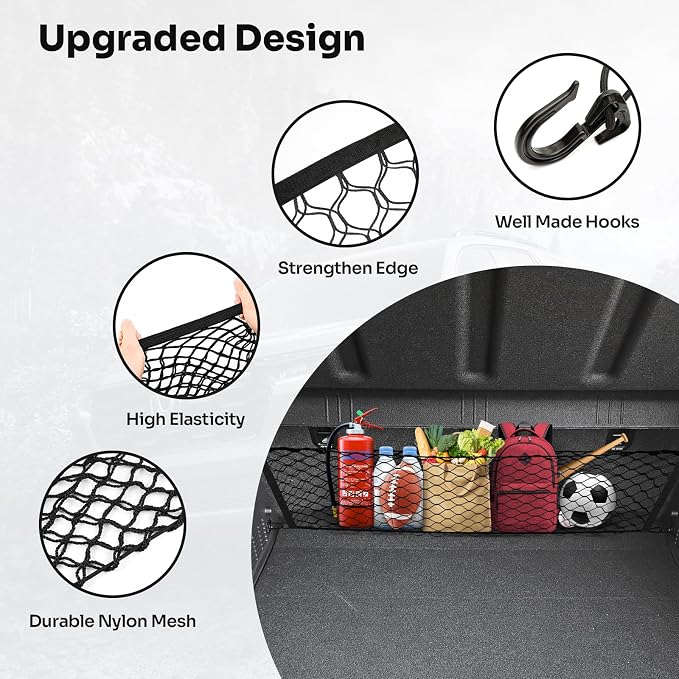 Canvcle Trunk Cargo Net for 2024-2026 Hyundai Kona Accessories Envelope Style Mesh Trunk Net Organizer and Storage Stretchable Adjustable Elastic Nylon Rear Cargo Netting with Hooks