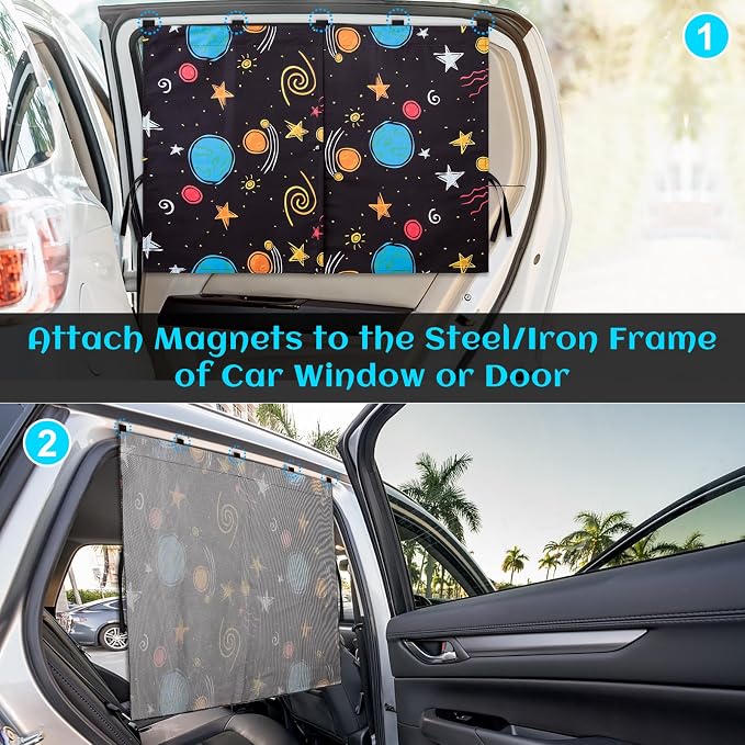 Car Window Shades, 2 Packs Magnetic Car Sun Shades for Baby, 2 Layers for Blackout/See Through Options Colorful Starry Pattern Side Window Curtain for Kids Heat/UV Blocker