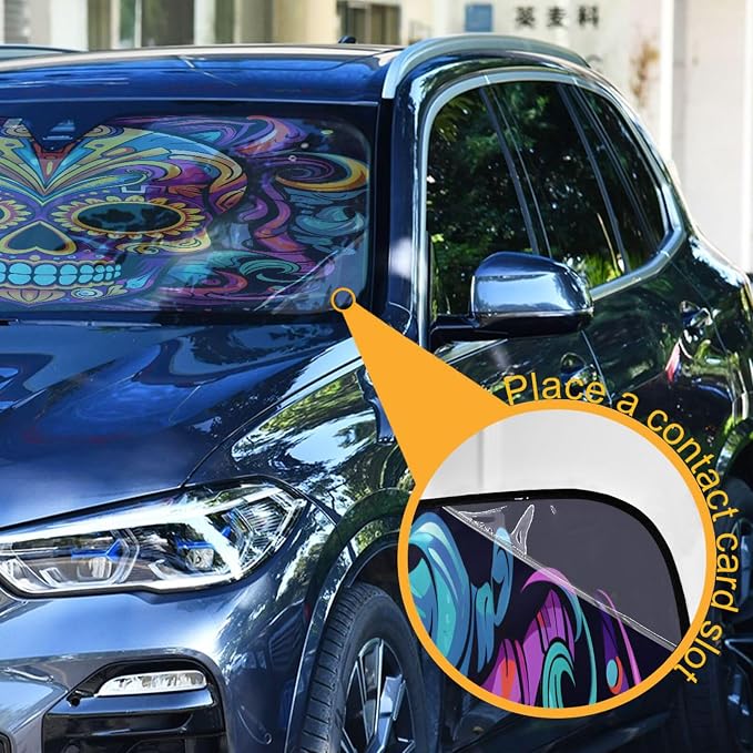 Windshield Sun Shade Sugar Skull Front Window Block UV Shades Visor Reflective Retractable for Car SUV Trucks
