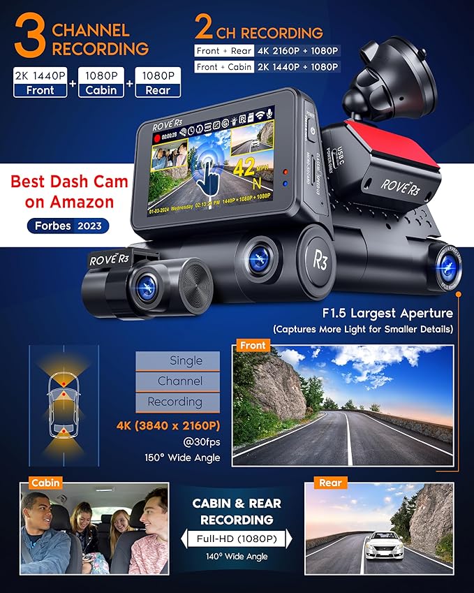 ROVE R3 Dash Cam Front and Rear with Cabin, 3” IPS Touch Screen, 3 Channel Dash Cam 1440P+1080P+1080P, IR Night Vision, 5GHz WiFi, Up to 30MB/s Download Speed, Quad-Mode GPS, Supports 512GB Max