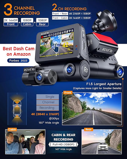 ROVE R3 Dash Cam Front and Rear with Cabin, 3” IPS Touch Screen, 3 Channel Dash Cam 1440P+1080P+1080P, IR Night Vision, 5GHz WiFi, Up to 30MB/s Download Speed, Quad-Mode GPS, Supports 512GB Max