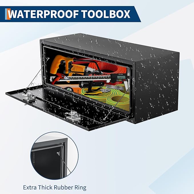 Black Steel Underbody Truck Box, Pickup Storage Box, Heavy Duty Diamond Plate Tool Box with Lock and Keys, Waterproof Trailer Storage Box (48" x 13" x 16"-Black)
