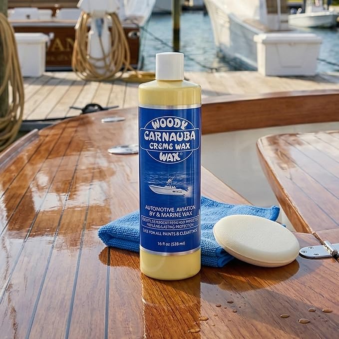 Woody Wax Carnauba Creme Wax, Professional High-Gloss Marine, RV & Aviation Wax, UV Protection for Paint & Clear Coat, Detergent Resistant Polymers, Covers Light Scratches and Removes Oxidation, 16 oz