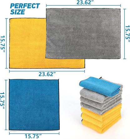 Microfiber Towels for Cars - 6 Pack (23.6" x 15.7") 450-GSM, High & Short Pile Micro Fiber Cleaning Cloth for Car Washing Drying & Auto Detailing, Strong Water Absorption Lint Free & Non-Streak