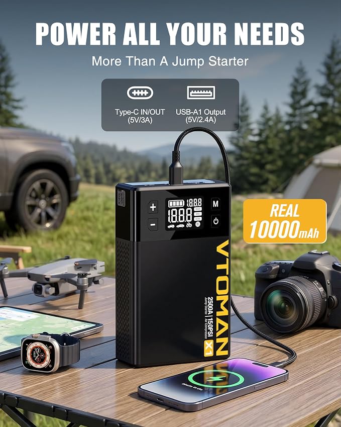 VTOMAN X1 Jump Starter with Air Compressor, Car Battery Jumper Starter (Up to 8.5L Gas/6L Diesel Engine) with 150PSI Auto Tire Inflator, 12V Portable Booster Pack, Lithium Jump Box Charger-Black