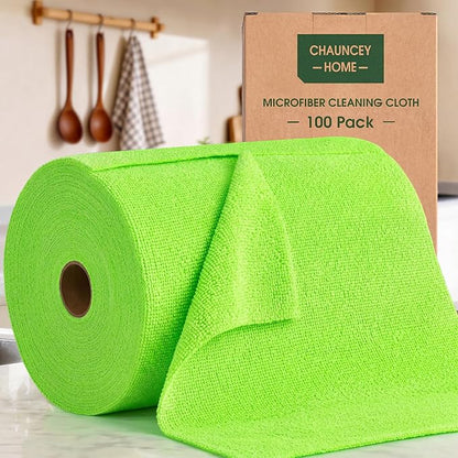 Microfiber Cleaning Cloth Roll - 100 Pack Tear Away Microfiber Paper Towels, Reusable, Washable, Scratch-Free, Kitchen Towels for Car, Home, Kitchen, Glass, Dishes (Neon Green)