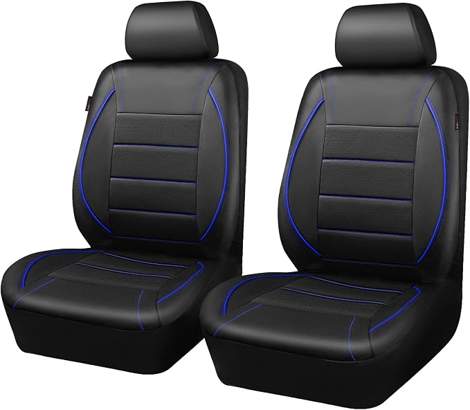 CAR PASS Universal FIT Piping Leather Two Front Seat Covers, Waterproof Faux Leather for SUV Sedan Van Truck, Airbag Compatible,Reserved Opening Holes for Headrest Covers. (Black and Blue)
