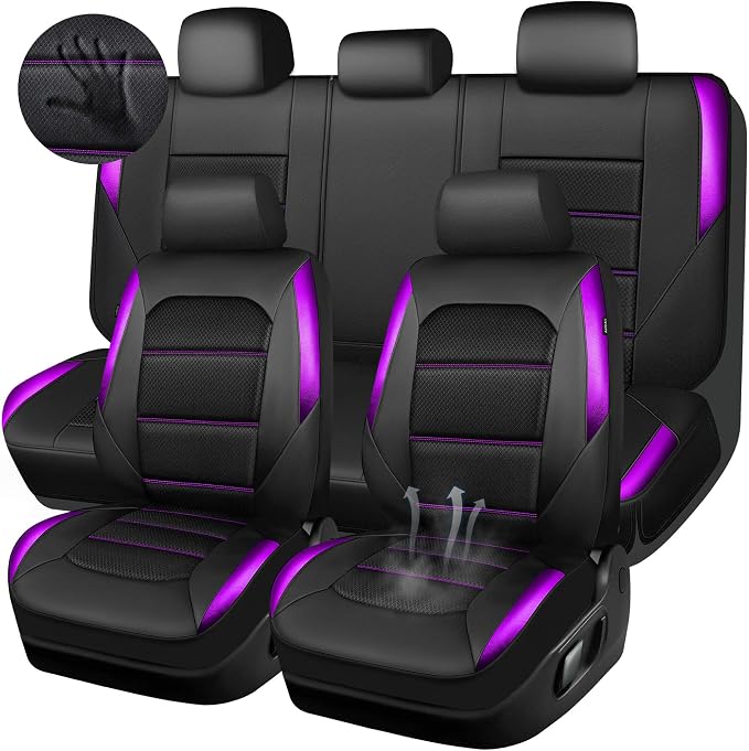 CAR PASS Memory 3D Foam Car Seat Covers Full Set,Breathable Mesh Thick Seat Covers for Car,Purple Metal Film Leather Seat Covers,Universal Automotive Comfort for SUVs Trucks,Black Purple