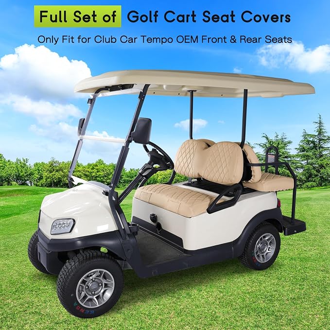 Full Set Golf Cart Seat Covers for Club Car Tempo OEM, Beige | Front & Rear Set (2-Piece), Premium Vinyl Leather Replacement Standard Cushion Covers, No Tools Needed & Easy to Clean