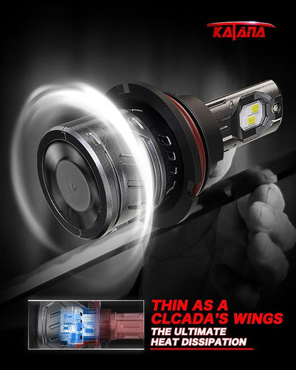 Katana 9007/HB5 Bulbs, 6500K White 400% Brightness High/Low Beam Plug and Play Mini Size Fog Light Bulb of 2