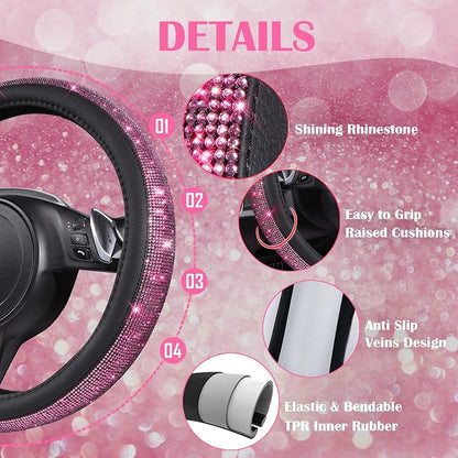 CAR PASS 11 PCS Bling Diamond Car Accessories Set for Women, Sparkly Rhinestone Steering Wheel Cover, Bling Seat Belt Cushion, Shift Knob Cover, Push Start Button Ring, Cup Holder Coaster, Black Pink