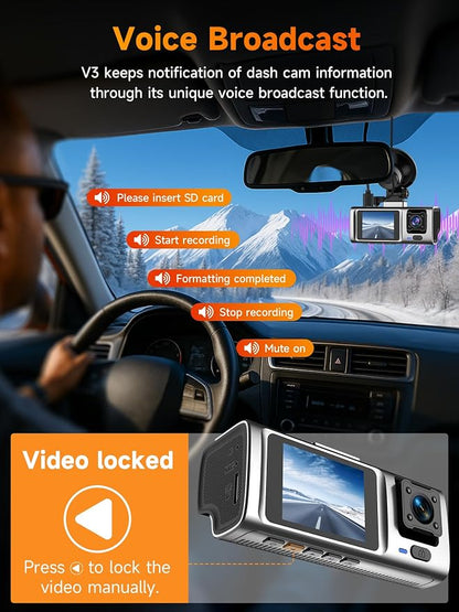 3 Channel 2.5K Dash Cam with 5GHz WiFi & APP Control, 2.5K+1080P+1080P Front Inside and Rear, Triple Dash Camera with SD Card, 24 Hours Parking Mode, Loop Recording, Night Vision