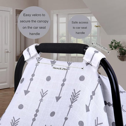 Rquite Car Seat Cover Baby for Boys Girls, 100% Muslin Cotton Infant Carseat Canopy, Soft Breathable Stroller Sun Shade & Newborn Shower Gift, Large Size Universal Fit Summer, Hot & Warm Weather
