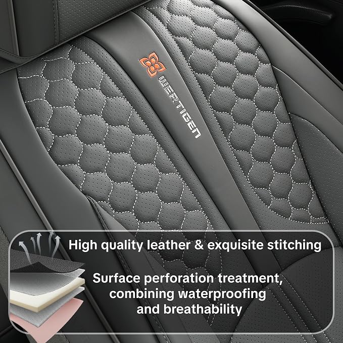 Car Seat Cover Set Interior Accessories, Gray, Waterproof Leather, With Lumbar Support, Airbag Compatible, Non-slip, 5-Piece Complete Set, Pet-Friendly Car Seat Covers, Fits Most Vehicle Models