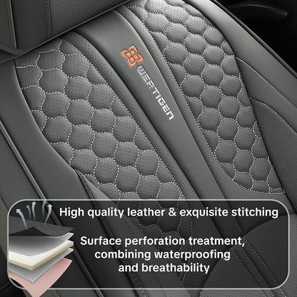 Car Seat Cover Set Interior Accessories, Gray, Waterproof Leather, With Lumbar Support, Airbag Compatible, Non-slip, 5-Piece Complete Set, Pet-Friendly Car Seat Covers, Fits Most Vehicle Models