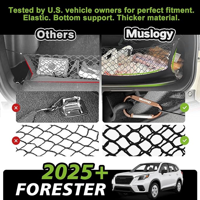 Muslogy Truck Bed Cargo Net Trunk Netting Compatible with 2025 2026 Subaru Forester Accessories, Pickup Cargo Organizer SUV Sedan Storage Net w/Heavy Duty Carabiners
