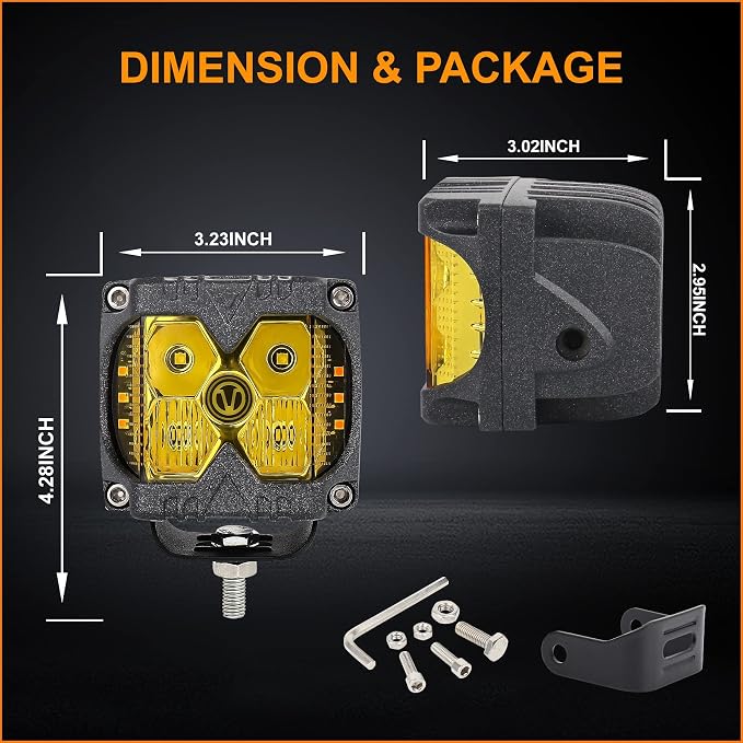 MOVOTOR Amber Side Shooter LED Pods Solid Strobe Lights for Truck ATV 4X4 | IP68 Waterproof,Combo Beam + Amber Side Shooter,Solid(DRL/Turn) & Strobe(Warning),Alum Housing,Fit Jeep/SUV/UTV