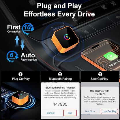 2026 Wireless CarPlay Adapter for iPhone & Android Wired to Wireless CarPlay & Android Auto Plug and Play Fast Auto Reconnect Stable Control Compatible for iOS 10+ & Android11+