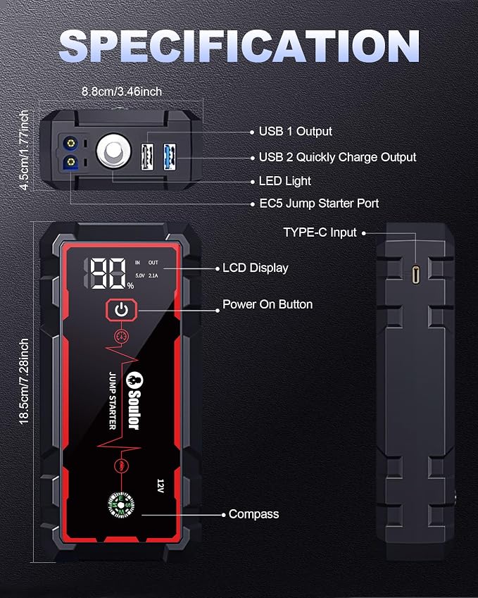Jump Starter Car Battery Jumper Starter Portable with Jumper Cable, Quick Charge Power Bank, 3 Modes Flashlight, Compass