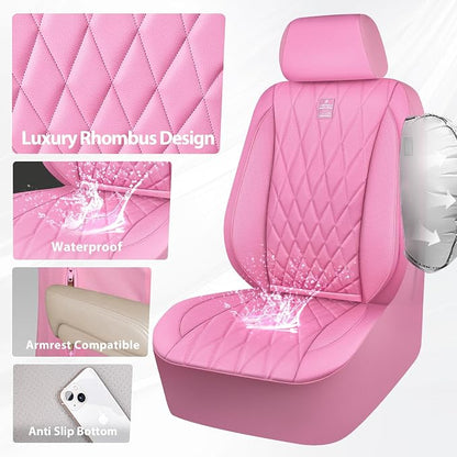 CAR PASS Piping Luxury Leather Two Front Car Seat Covers, Cute Girly Waterproof Anti Slip Seat Covers Compatible with Front Seat Armrests,Universal Fit for Suvs,Vans,Trucks,Airbag Compatible(All Pink)