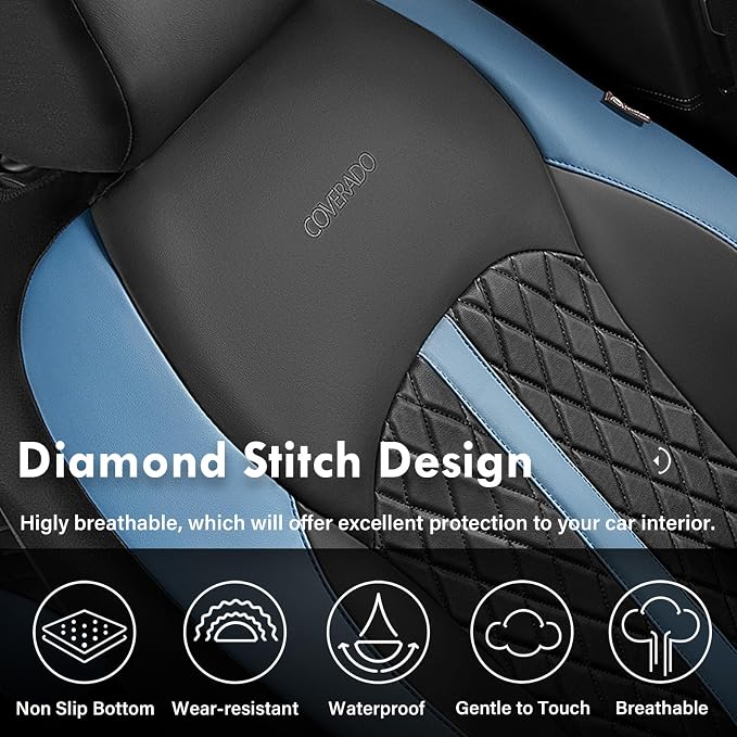 Coverado Universal Leather Seat Covers Full Set for 5 Seats – Waterproof, Durable All-Weather Protector for SUV, Pickup Truck, Sedan, Blue&Black