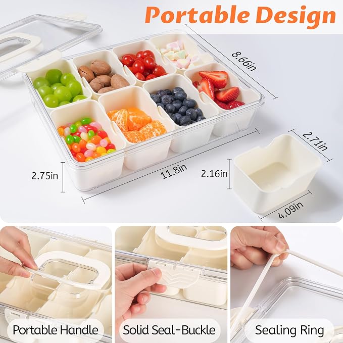 TCHZA Snackle Box Container, Dishwasher Safety - Divided Serving Tray with Lid and Handle, Charcuterie Board for Portable Snack Platters - Clear Organizer for Fruits Snacks,Perfect for Road Travel
