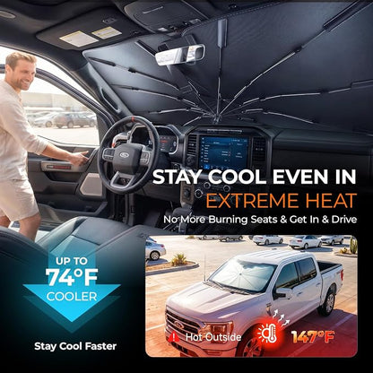 [2026 Upgraded] DooGooCoo Windshield Sun Shade Umbrella for Ford F150 F250 F350 F450 [100% Sunlight Blocked, Cooling Ice Crystal] Sunshade for Car Windshield for f150 Sun Shade 2015-2026.