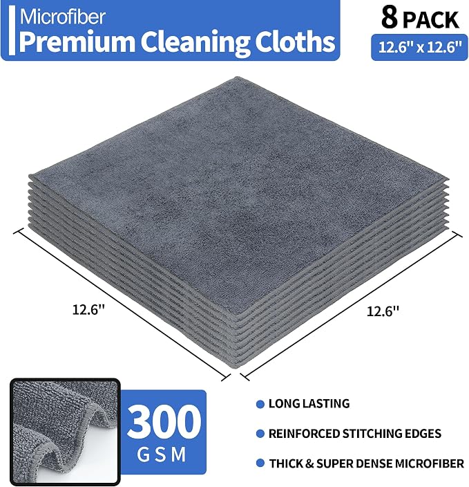 Microfiber Cleaning Cloth, Premium 8 Pack Cleaning Towels, Lint-Free Streak-Free Ultra Absorbent, 300GSM Reusable Microfiber Towel for Cars Shop Garage Home Kitchen, 12.6" x 12.6" Grey
