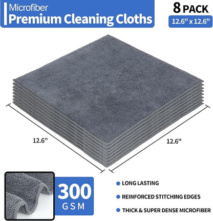 Microfiber Cleaning Cloth, Premium 8 Pack Cleaning Towels, Lint-Free Streak-Free Ultra Absorbent, 300GSM Reusable Microfiber Towel for Cars Shop Garage Home Kitchen, 12.6" x 12.6" Grey