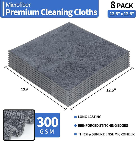 Microfiber Cleaning Cloth, Premium 8 Pack Cleaning Towels, Lint-Free Streak-Free Ultra Absorbent, 300GSM Reusable Microfiber Towel for Cars Shop Garage Home Kitchen, 12.6" x 12.6" Grey