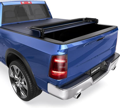 KUIPERAUTO Soft Quad Fold Tonneau Cover Truck Compatible for 2002-2026 Dodge Ram 1500/03-2026 Ram 2500 3500 W/o Ram Box 6.4 Feet Bed Fleetside Navy Blue Design