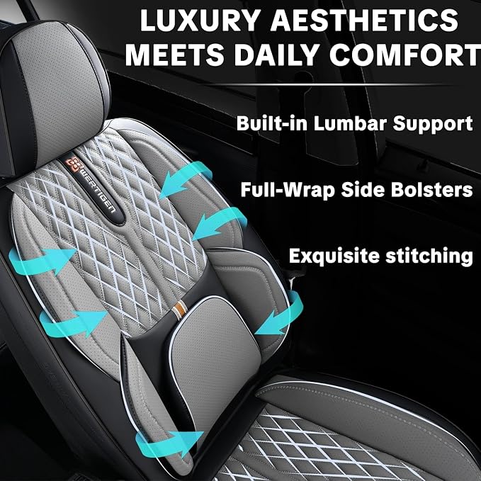 Car Seat Cover Full Set, Universal Car Seat Cover for Cars, Black and Gray, with Lumbar Support, Premium Artificial Leather, Waterproof and Easy to Clean, Airbag Compatible