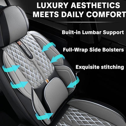 Car Seat Cover Full Set, Universal Car Seat Cover for Cars, Black and Gray, with Lumbar Support, Premium Artificial Leather, Waterproof and Easy to Clean, Airbag Compatible