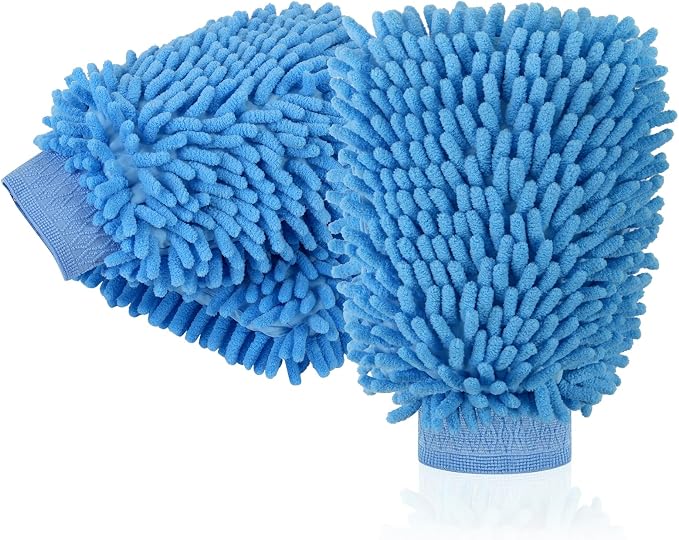 3 Pack Chenille Microfiber Car Wash Mitt, 7" x 9.6" Car Washing Mitts, Home Dusting Gloves, Scratch Free Lint-Free, Highly Absorbent, Double Sided, for Cleaning Detailing Polish (Blue)