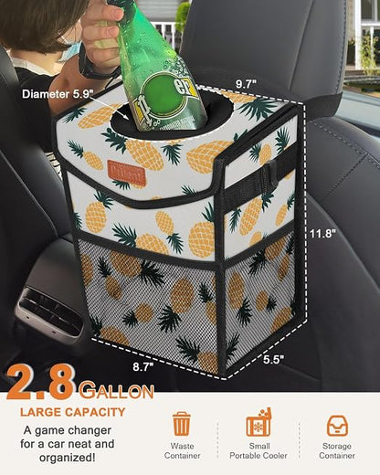Pritent Car Trash Can with Lid, Cute Leakproof Car Trash Garbage Bag Hanging Vehicle Trash Bin Small Portable Automotive Garbage Cans Organizer for Back/Front Seat/Console(2.8 gal,Pineapple Print