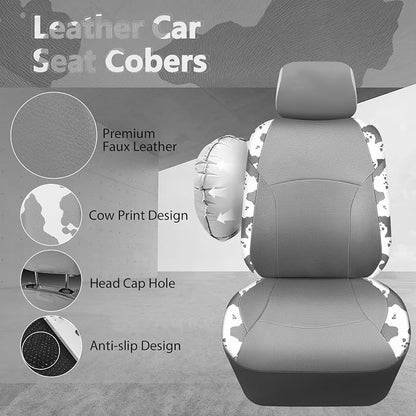 CAR PASS Cow Print Faux Leather Car Seat Covers & Cow Car Mats & Cow Steering Wheel Cover Seat Belt Pads Universal fit for SUV,Van,Saden,Truck Cute Car Accessories Automobile Interior Sets All Gray