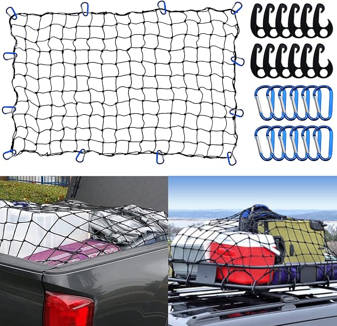 Funmit 4 x 6 Ft Cargo Net for Roof Basket and Pickup Bed, Nice Elasticity Stretches to 8 x 12 Ft with 24 Carabiners, Bungee Cargo Netting Design for Most Car Models
