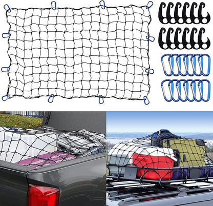 Funmit 4 x 6 Ft Cargo Net for Roof Basket and Pickup Bed, Nice Elasticity Stretches to 8 x 12 Ft with 24 Carabiners, Bungee Cargo Netting Design for Most Car Models
