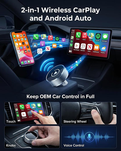KAYZY 2026 Wireless CarPlay & Android Auto Adapter 2-in-1, Plug & Play Mini Tube Wireless Carplay Adapter for iPhone & Android, Auto Connect with No Latency, Premium Aluminum Design, USB A & USB C