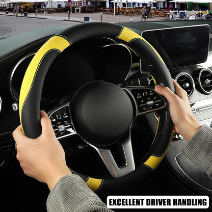 Microfiber Leather Steering Wheel Cover, Breathable, Anti Slip, 13.5 inch to 14 inch, Black with Yellow