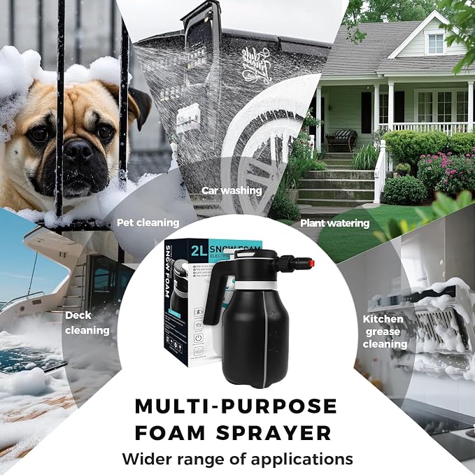 Electric Foam Sprayer,2L Portable Rechargeable Cordless Pressurized Spray Foam Cannon, Easy Clean & Acid Resistant for Car Wash Detailing Garden Black (Electric Foam Sprayer 1.0)