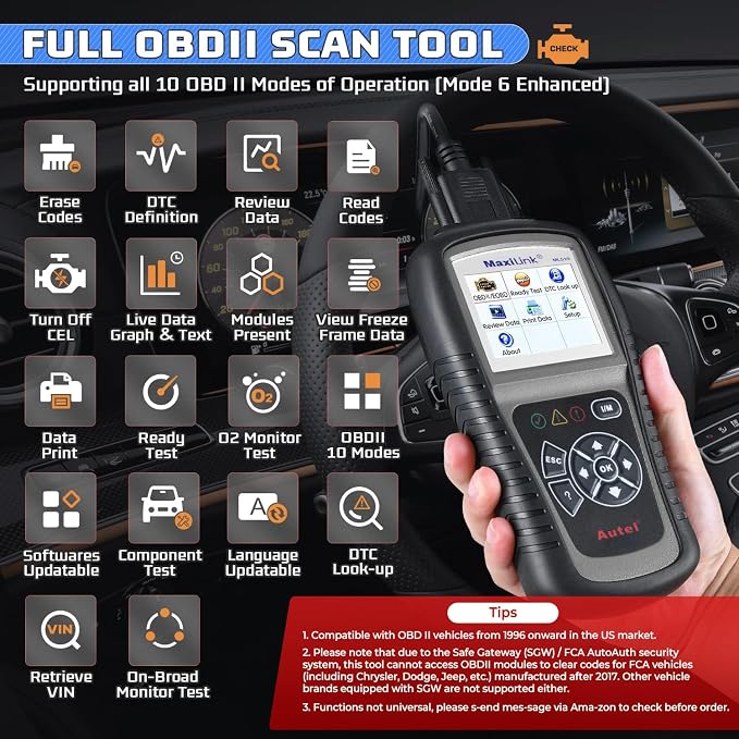 Autel MaxiLink ML519 Enhanced Mode 6 OBD2 Scanner Auto Diagnostic Scan Tool Check Engine Fault Code Reader CAN Scan Tool, Upgraded Ver. of AL319 Black