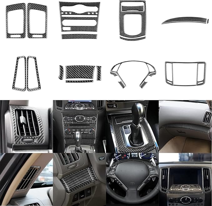 NVCNX Real Carbon Fiber for Infiniti G37 2011 2012 2013 Coupe Sedan Convertible Interior Trim Kit Accessories Cover Decal Set Air Vent Gear Shift Panel Center Console Black/Red 23PCs