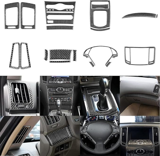 NVCNX Real Carbon Fiber for Infiniti G37 2011 2012 2013 Coupe Sedan Convertible Interior Trim Kit Accessories Cover Decal Set Air Vent Gear Shift Panel Center Console Black/Red 23PCs